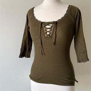 Free People Olive Lace-Up Peasant Top | 100% Cotton Boho Blouse | 3/4 Sleeve